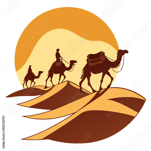 Camels walking across desert sand dunes at sunset
