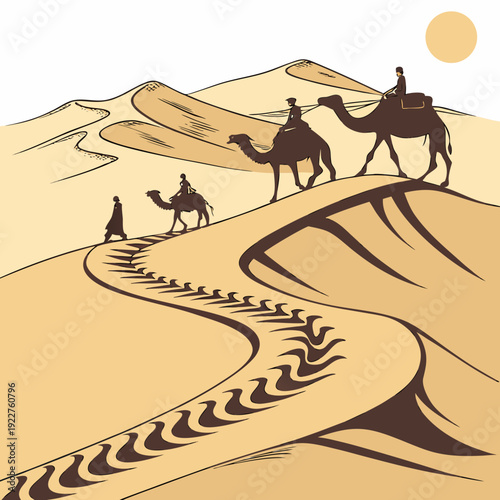 Camels trekking across a vast desert landscape