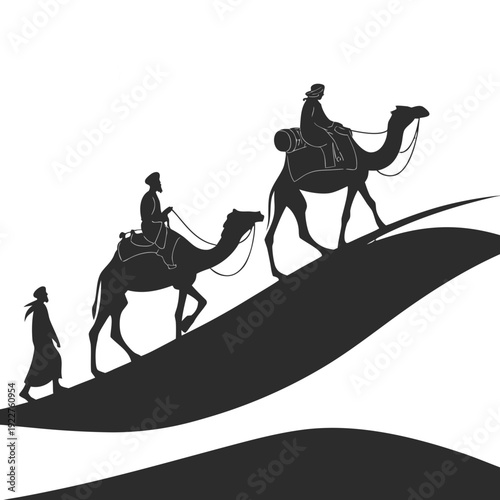 People walking on a dune with camels