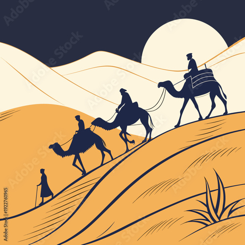 A group of people riding camels through a desert