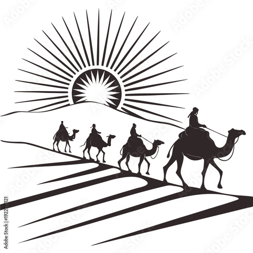 A group of people riding camels across a desert