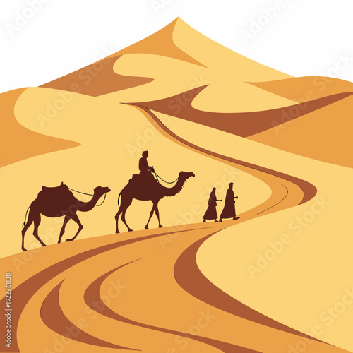 A desert scene with a camel and two people walking on a sandy path
