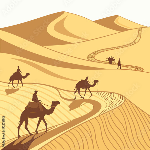 Camels walking across a desert sand dune landscape