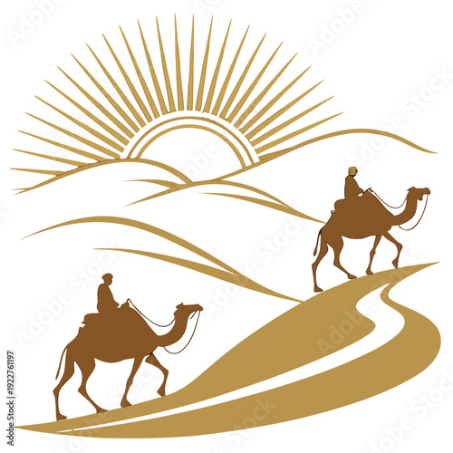 Camels walking on a desert road at sunrise