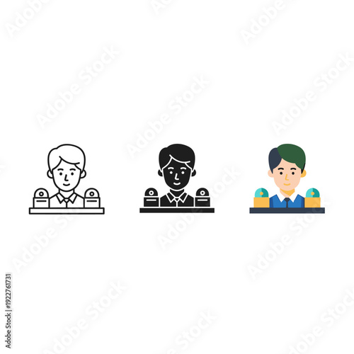 Three cartoon-style clerks standing behind counters with cash registers Vector