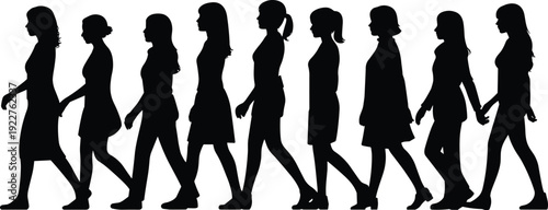 Silhouette women walking in line, diverse hairstyles and clothing vector illustration representing individuality, motion, lifestyle, fashion, social design art