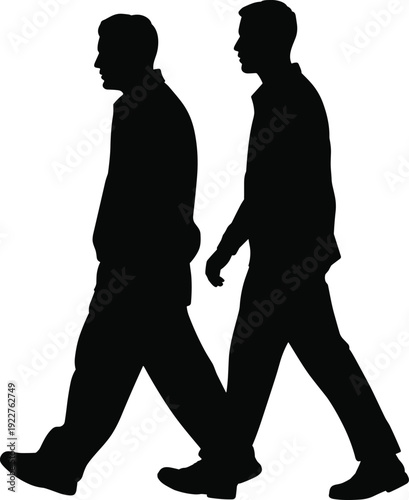 Silhouette two people walking together in profile, casual attire vector illustration representing motion, companionship, lifestyle, social interaction design