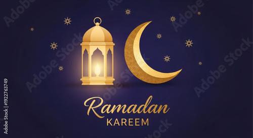 Ramadan Kareem Islamic crescent moon and lantern celebration.