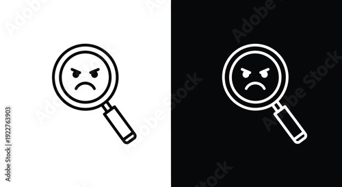 Magnifying glass with angry face icon in minimalist design on white and black background with simple line art for web graphics