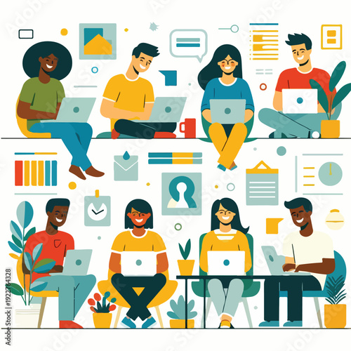 Characters working remotely with laptops