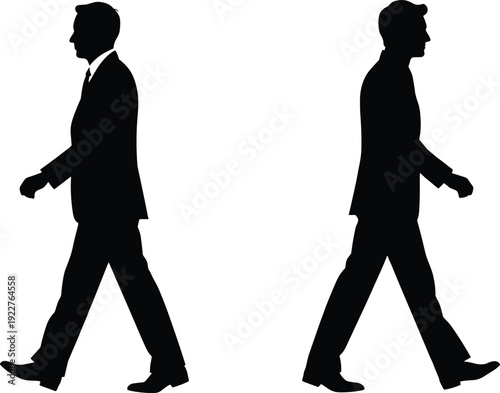 Silhouette men walking in suits opposite directions, vector illustration representing business motion, duality, divergence, symmetry, professional lifestyle design art