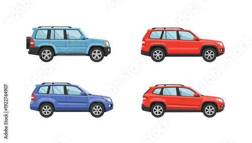 Police car icon collection in cartoon style. Set of police car icons in different shape and color