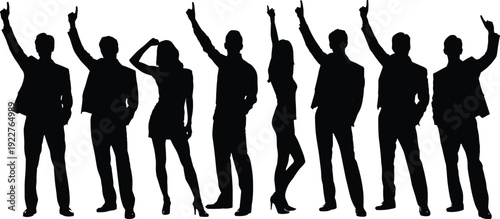 Silhouette business people standing in row, raised hands pointing upward vector illustration symbolizing teamwork, unity, leadership, motivation, corporate design