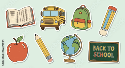 A collection of school related objects including an open book a yellow school bus a green backpack two pencils an apple a globe and a blackboard with back to school text perfect for