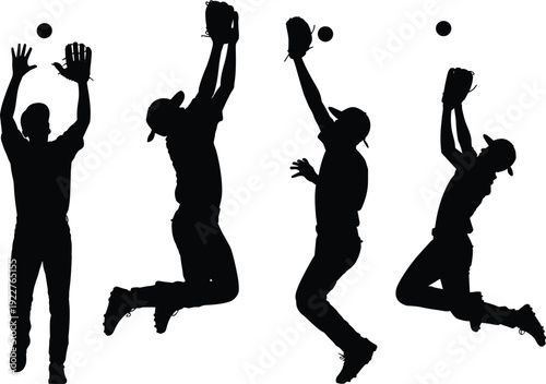 Silhouette baseball player jumping to catch ball, dynamic vector illustration showing athletic motion, sports skill, timing, fielding, competitive game design