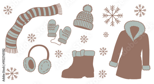 Winter clothing and accessories collection featuring a striped scarf, knitted hat, warm mittens, earmuffs, sturdy boots, and a furcollared coat for cold weather season themes