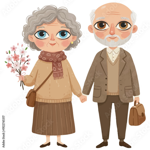 Senior couple holding hands and carrying flowers, elderly man and woman in cute style. Anniversary elderly grandparents together, retired couple in autumn, spring outfits, eternal love concept