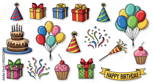 Vibrant birthday celebration elements featuring colorful party hats, gift boxes, festive balloons, a delicious cake, cheerful confetti, and a happy birthday banner ideal for any festive