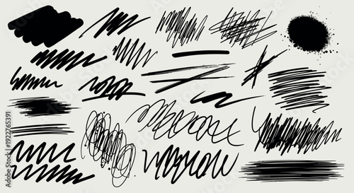 Hand drawn black scratch marks, scribbled lines, and spray paint texture elements offering a versatile collection for creating distressed overlays and edgy graphic compositions