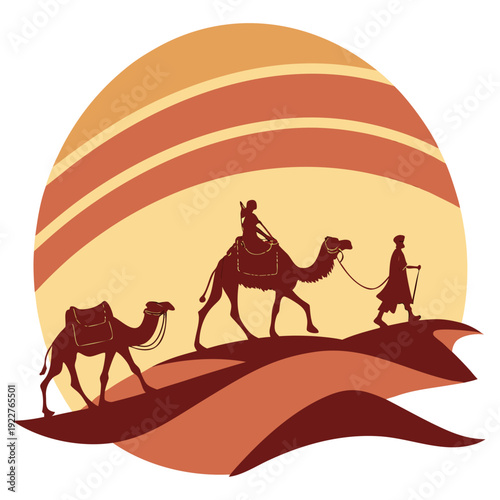 A desert scene with two camels and a person