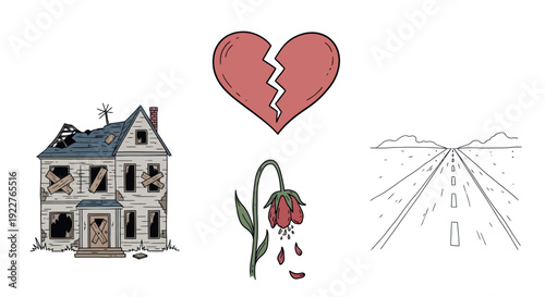 Symbolic imagery depicting a broken heart, a decaying abandoned house, and an expansive open road, conveying themes of loss, emotional pain, past trauma, and the journey toward healing and