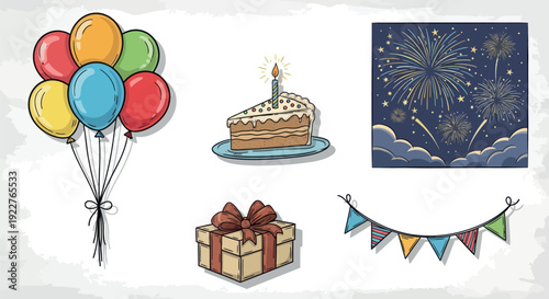 A joyful collection of celebration essentials featuring colorful balloons, a slice of birthday cake with a candle, a wrapped gift box, sparkling fireworks, and festive pennant flags for