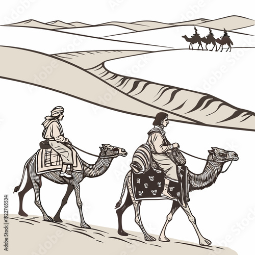 People riding camels through the desert landscape