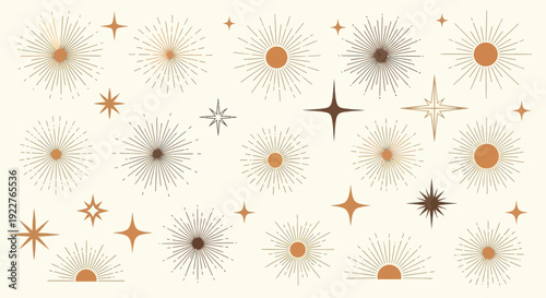 Stylized sunburst and star shapes in a serene collection of earthy and natural colors, perfect for creating tranquil spiritual designs and peaceful lifestyle content.