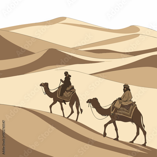 Two people riding camels through a desert