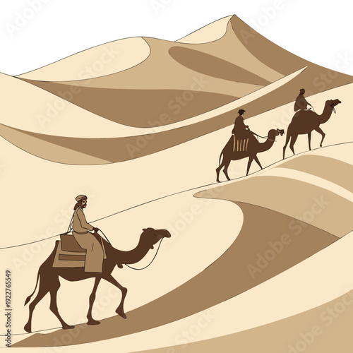 Camels walking through a desert with dunes
