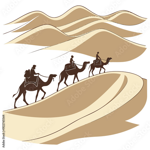 Camels trekking through a desert landscape