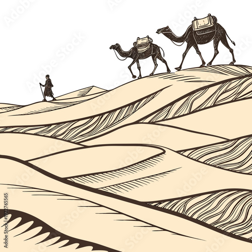 A person walks with two camels through the desert