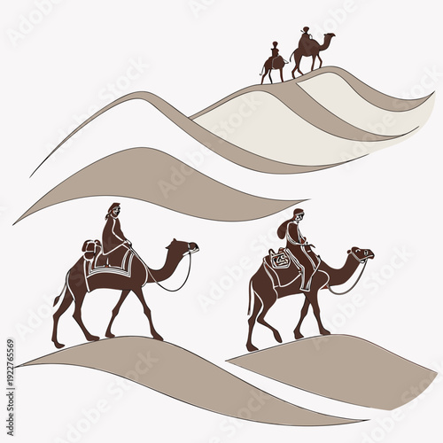 Camels walking on desert sand dunes at sunrise