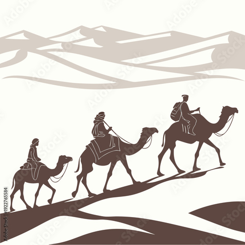 Three camels walking through a desert landscape