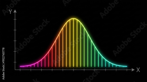 Normal distribution curve with rainbow gradient neon bars on black background with axes