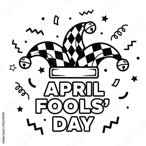 April Fools' Day funny jester hat with bells and confetti in a doodle art style, celebrating mischief and pranks.