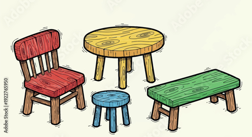 A collection of essential colorful wooden furniture pieces including a red chair a yellow round table a blue small stool and a green rectangular bench suitable for various home decor and