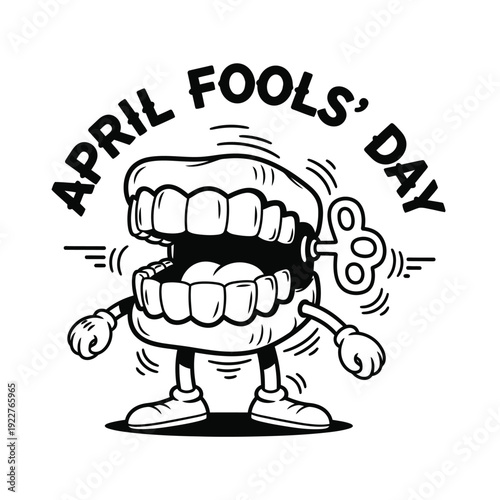 April Fools' Day wind-up chattering teeth illustration in a cartoon style, wiggling with a key in its back.