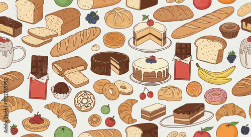 Delicious assortment of fresh baked goods including various breads, delectable cakes, sweet pastries, and fresh fruits ideal for food advertising, recipe blogs, or restaurant menus.