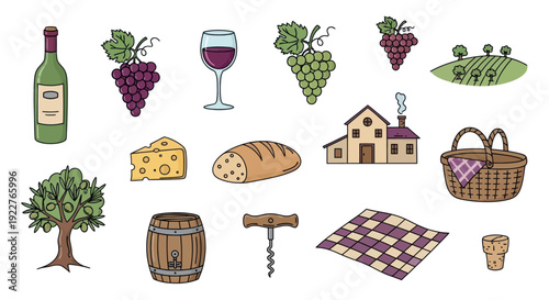 Collection of wine related items including bottle, glass, grapes, cheese, bread, barrel, and picnic essentials for culinary and travel themed projects