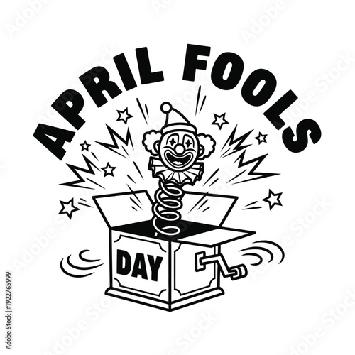 April Fools' Day jack-in-the-box illustration with a clown popping out, vintage style, celebrating pranks and jokes.