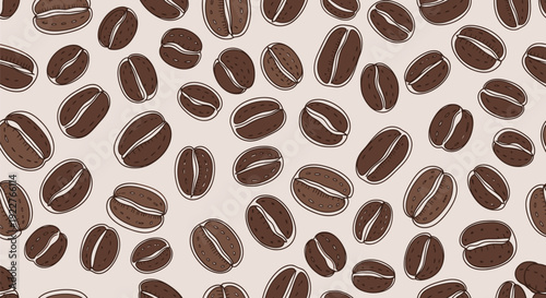 Seamless repeating pattern of roasted coffee beans scattered across a light background perfect for food and beverage industry marketing materials or cafe interior decoration