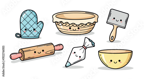 Adorable kitchen baking essentials featuring happy cartoon faces including an oven mitt, rolling pin, and mixing bowl, perfect for illustrating dessert recipes or decorating culinary