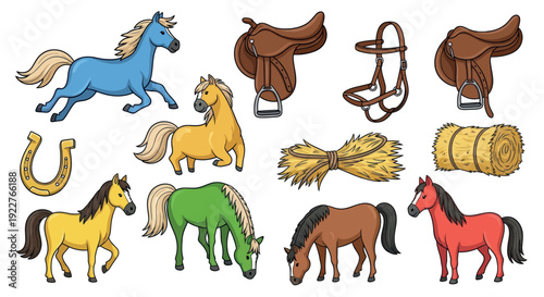 Assortment of spirited horses, essential equestrian gear including saddles and a bridle, bundles of hay, and a lucky horseshoe, excellent for farmthemed lessons or animal care resources.