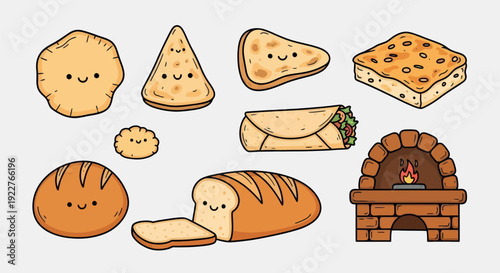 Adorable smiling bread products and a traditional oven bring a cheerful vibe for foodrelated projects, cooking tutorials, or charming culinary branding.