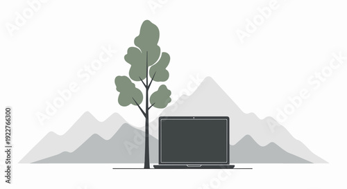 Minimalistic illustration showing laptop computer for remote work placed outdoors. Modern notebook against mountain silhouette background portrays flexible working.