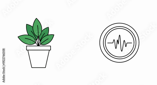 Environmental health graphic with potted green plant and pulse line symbol. Visual represents ecological balance, sustainable living, vital natural resources. Environmental health concept for science,