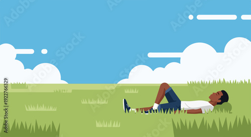 Man relaxing on green grass field. African American person enjoys calm, eyes closed under blue sky, finding peace, man relaxing. Image promotes mindfulness, stress relief, wellness,
