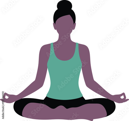 Woman in purple skin tone wearing teal tank and black leggings sitting in lotus position teal tank black leggings