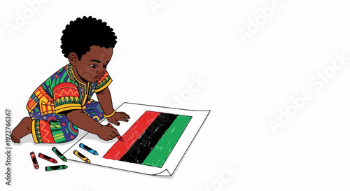 Child coloring Pan African flag with red, black, green crayons on white paper. Young boy, wearing traditional clothing, drawing Pan African flag with focused effort and creativity.